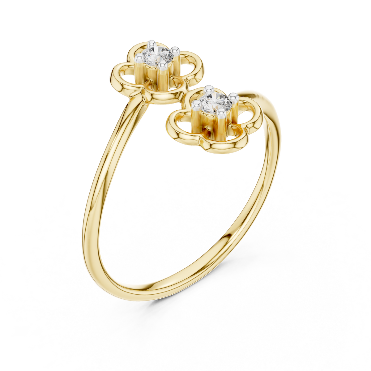 Double Flower Bypass Moissanite Ring in yellow 925 sterling silver, view 2