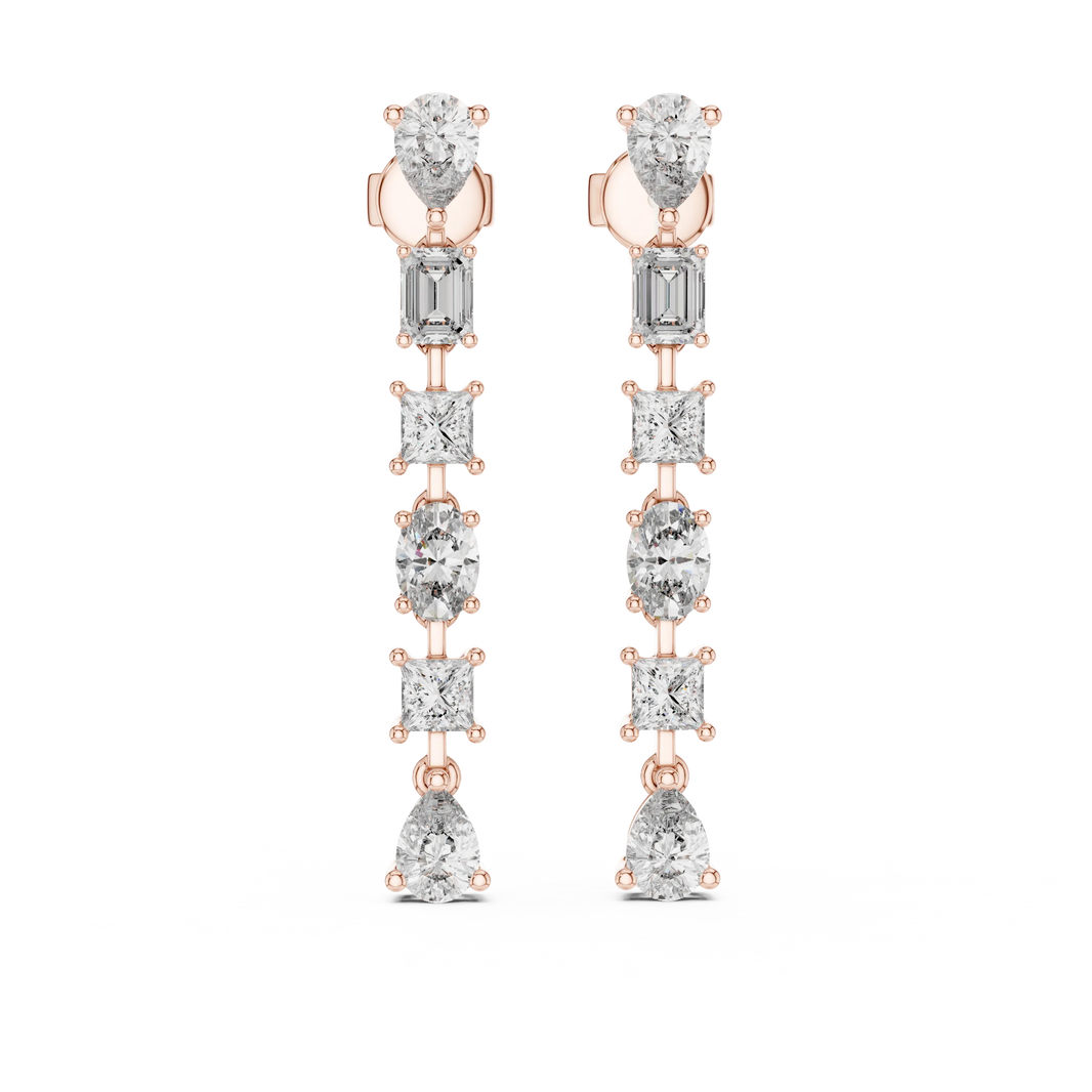 Mixed shape moissanite line drop earrings in rose 925 sterling silver, view 4