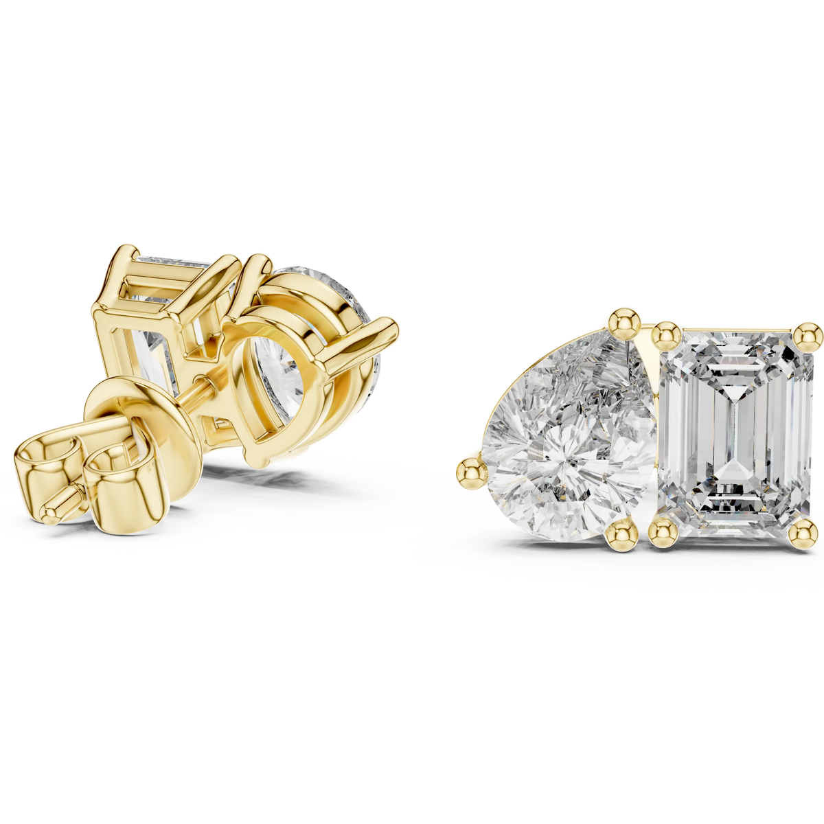 Pear and emerald moissanite toi et moi stud earrings in yellow 925 sterling silver, view 1