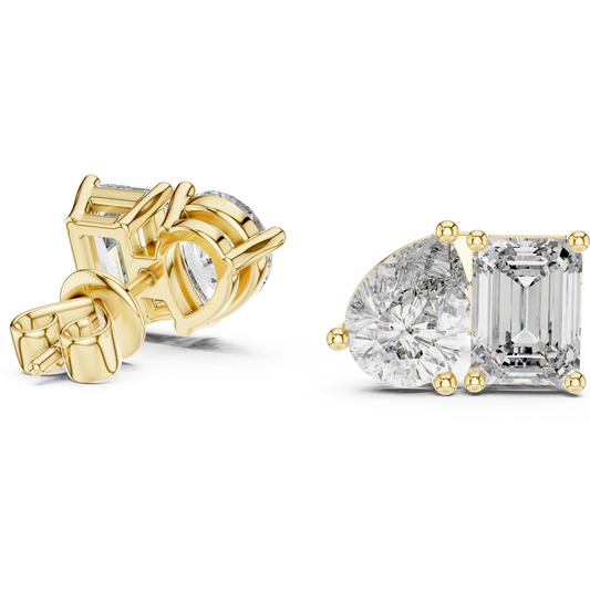 Pear and emerald moissanite toi et moi stud earrings in yellow 925 sterling silver, view 1