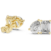 Pear and emerald moissanite toi et moi stud earrings in yellow 925 sterling silver, view 1