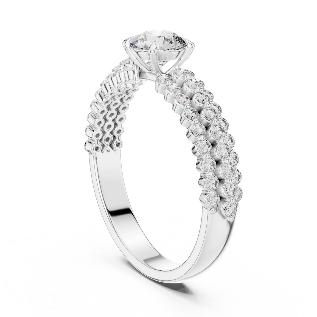 Round Solitaire Moissanite Ring with Double Row Pavé Band in white 925 sterling silver, view 1