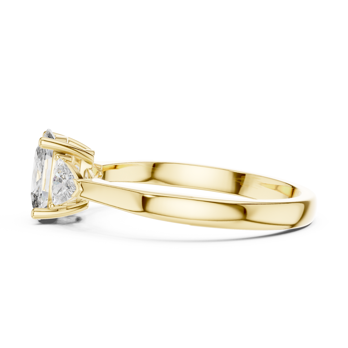 Cushion Cut and Curved Trillion Three Stone Moissanite Ring in yellow 925 sterling silver, view 3