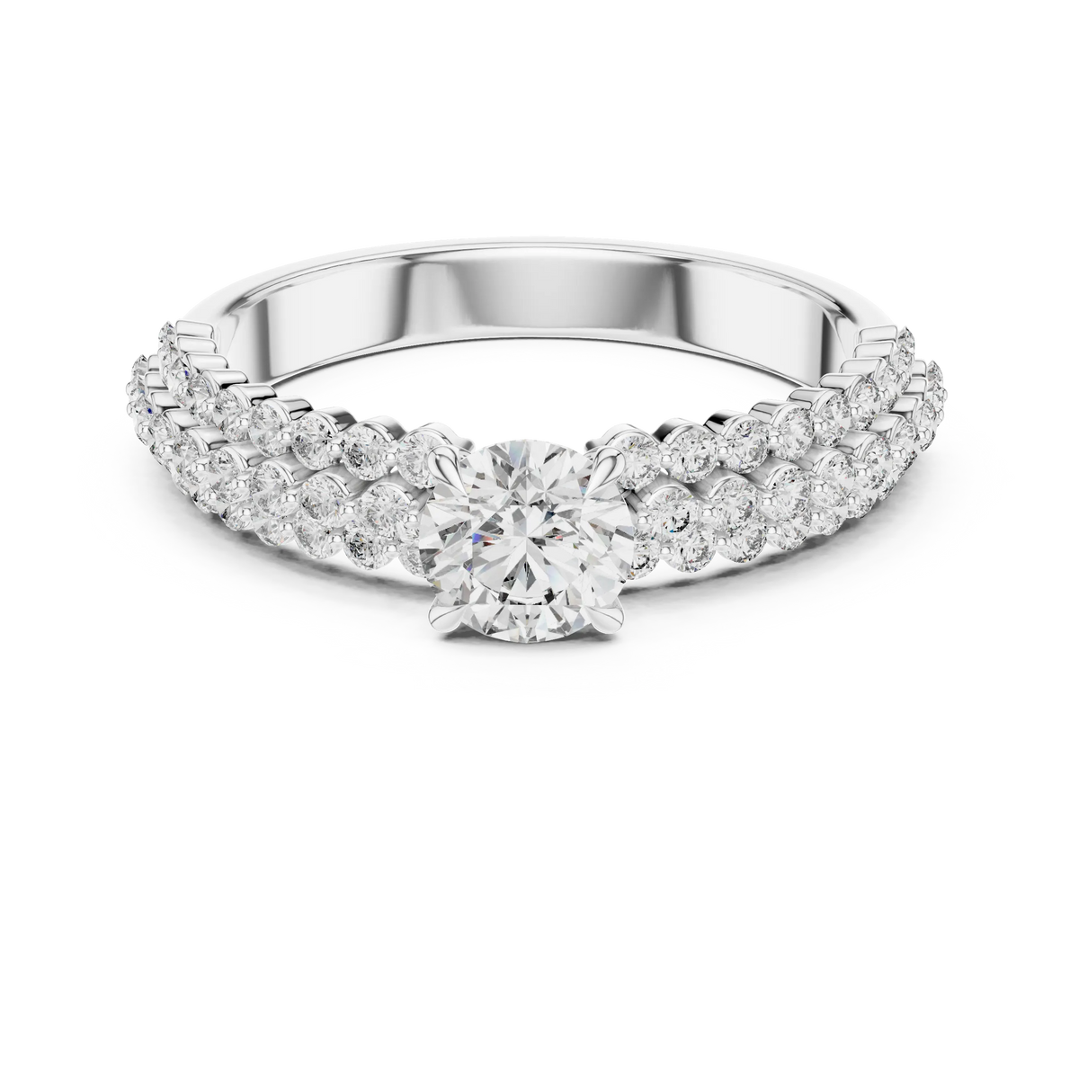 Round Solitaire Moissanite Ring with Double Row Pavé Band in white 925 sterling silver, view 4