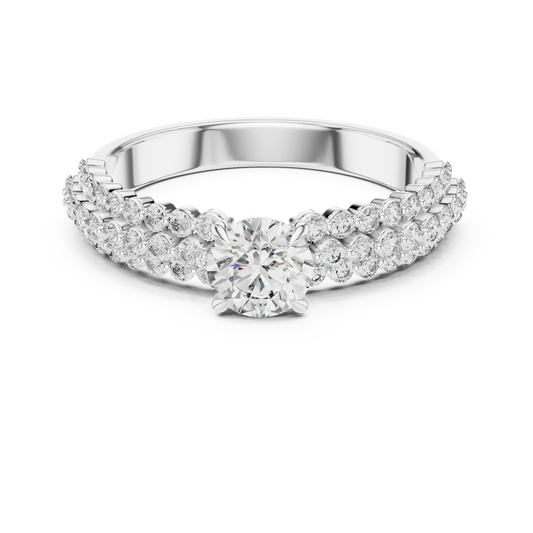 Round Solitaire Moissanite Ring with Double Row Pavé Band in white 925 sterling silver, view 4