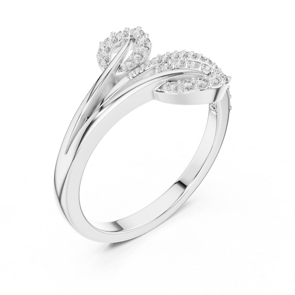 Bypass Twin Leaf Pavé Moissanite Ring in white 925 sterling silver, view 2