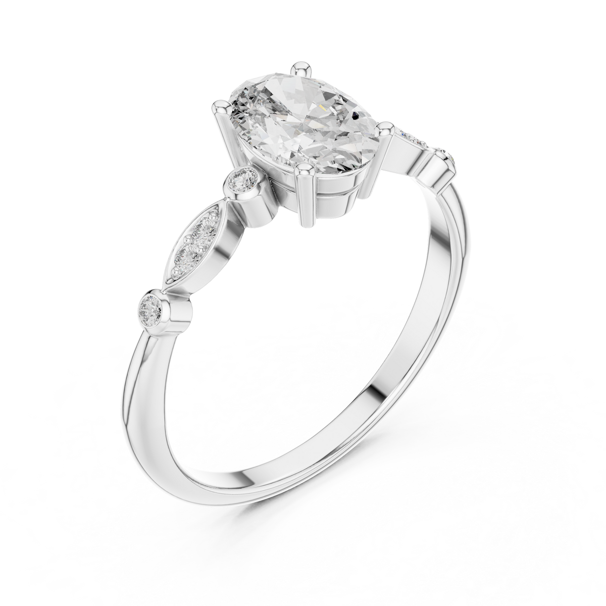 Oval Moissanite Ring with Bezel and Marquise Station Accents in white 925 sterling silver, view 2