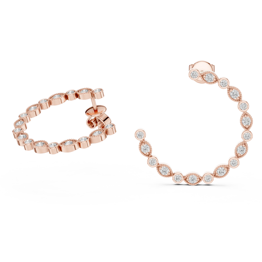 Moissanite milgrain bezel front hoop earrings in rose 925 sterling silver, view 1