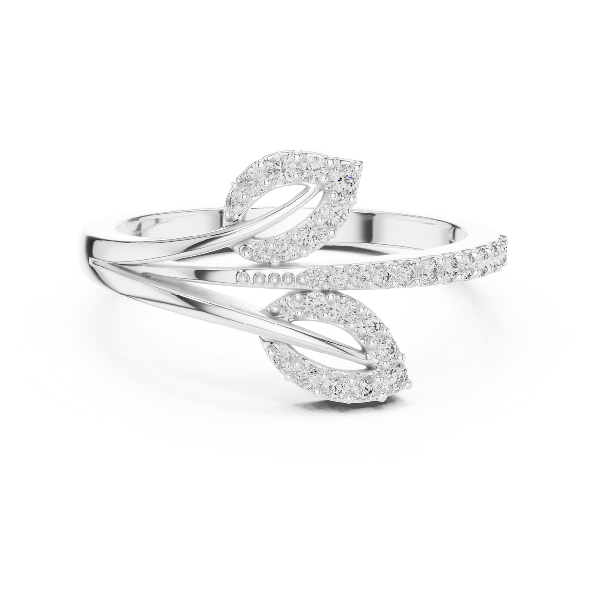 Bypass Twin Leaf Pavé Moissanite Ring in white 925 sterling silver, view 4