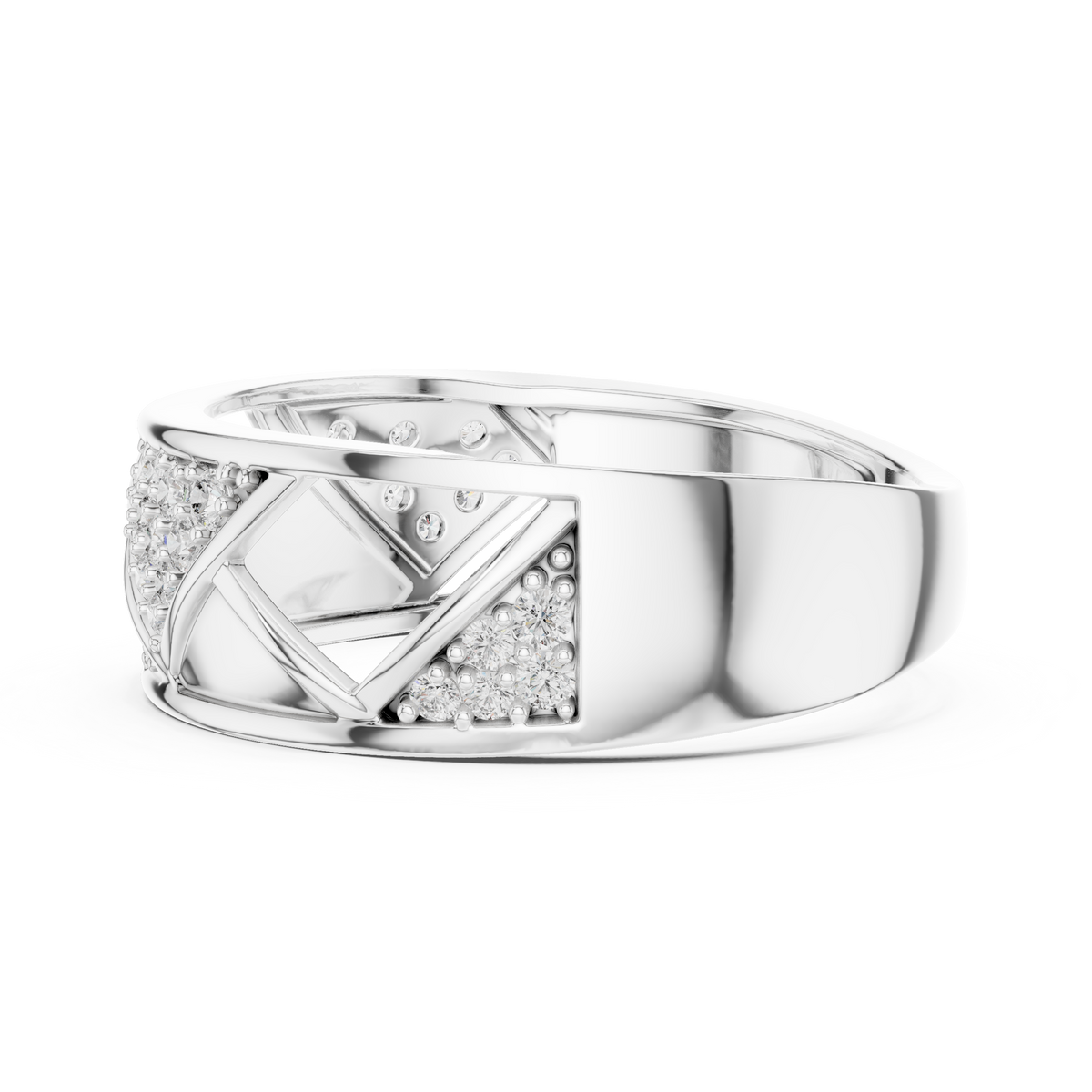 Geometric Lattice Pavé Wide Moissanite Band in white 925 sterling silver, view 3