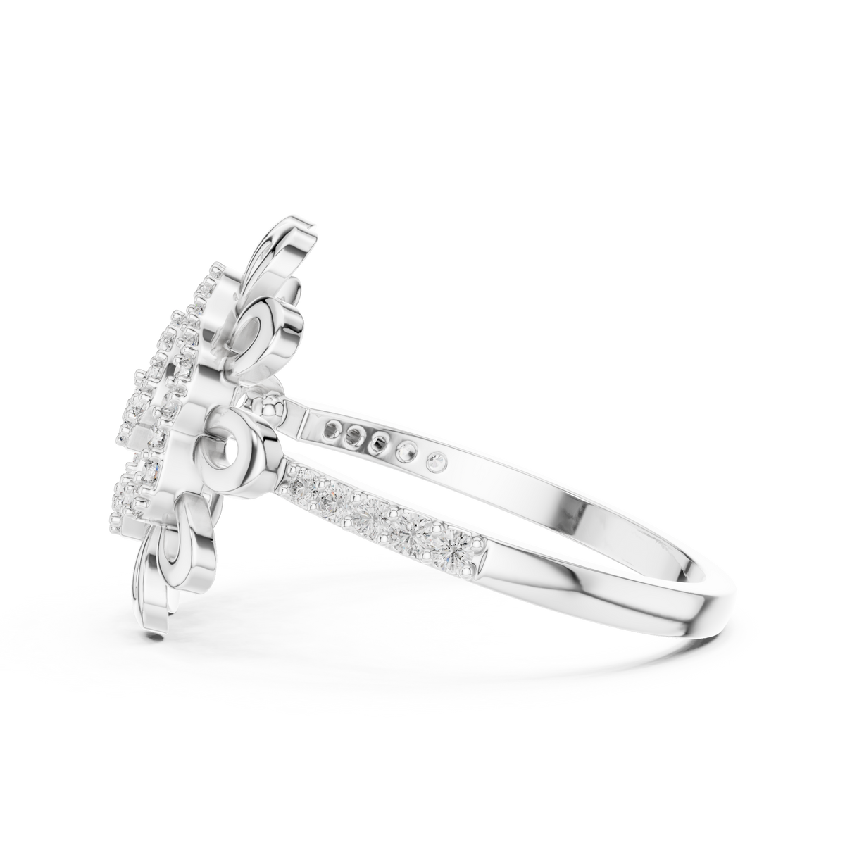 Flower Petal Swirl Moissanite Cocktail Ring in white 925 sterling silver, view 3