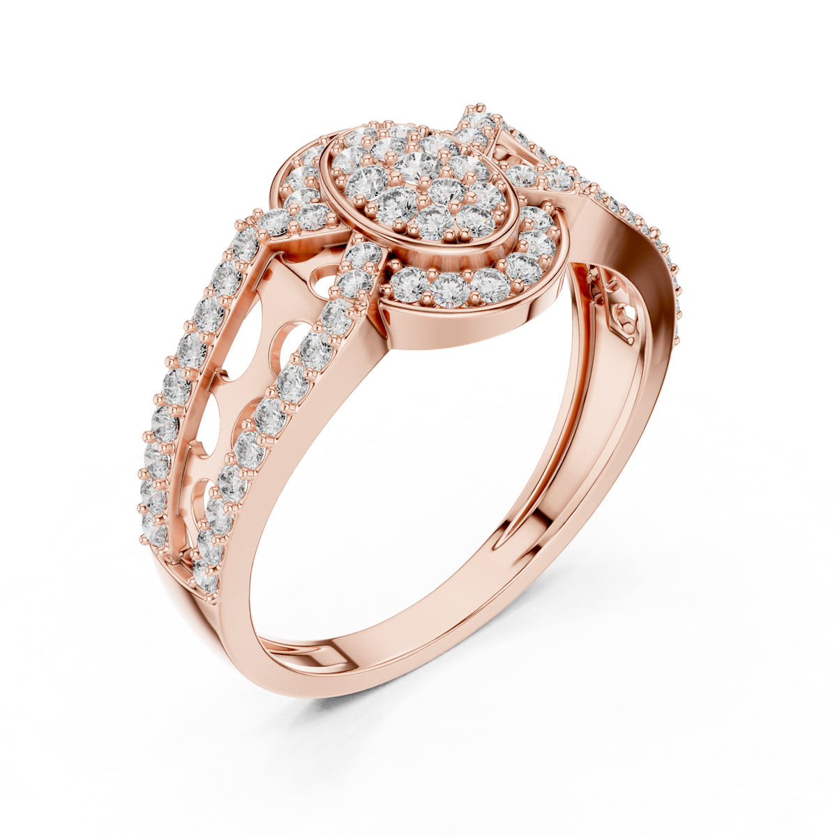 Oval Cluster Halo Moissanite Ring with Split Pavé Shank in rose 925 sterling silver, view 2