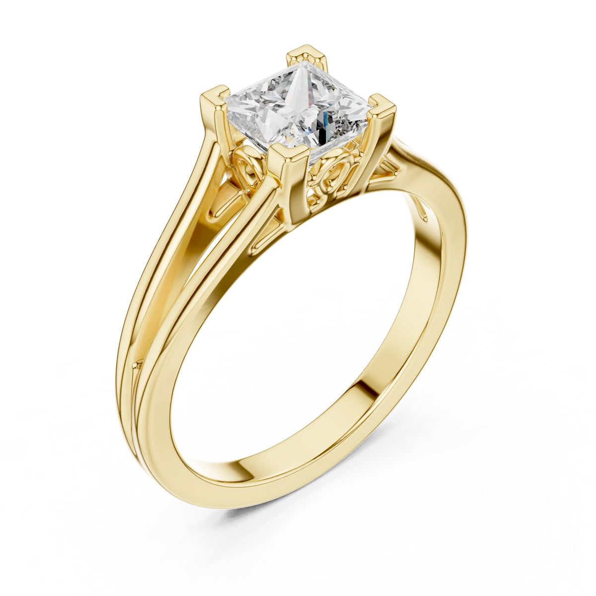 Princess Cut Solitaire Moissanite Split Shank Ring in yellow 925 sterling silver, view 2