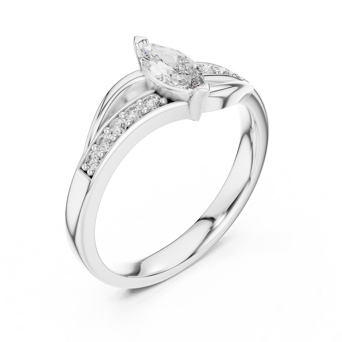 Marquise Bypass Moissanite Ring with Pavé Shoulders in white 925 sterling silver, view 2