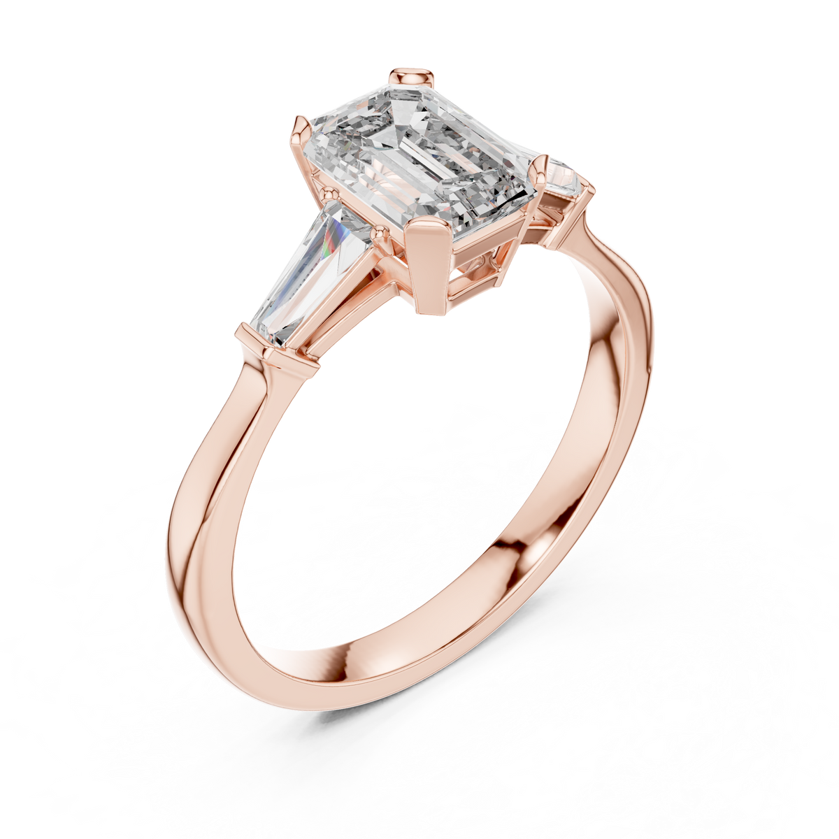 Emerald Cut Moissanite Ring with Tapered Baguette Sides in rose 925 sterling silver, view 2