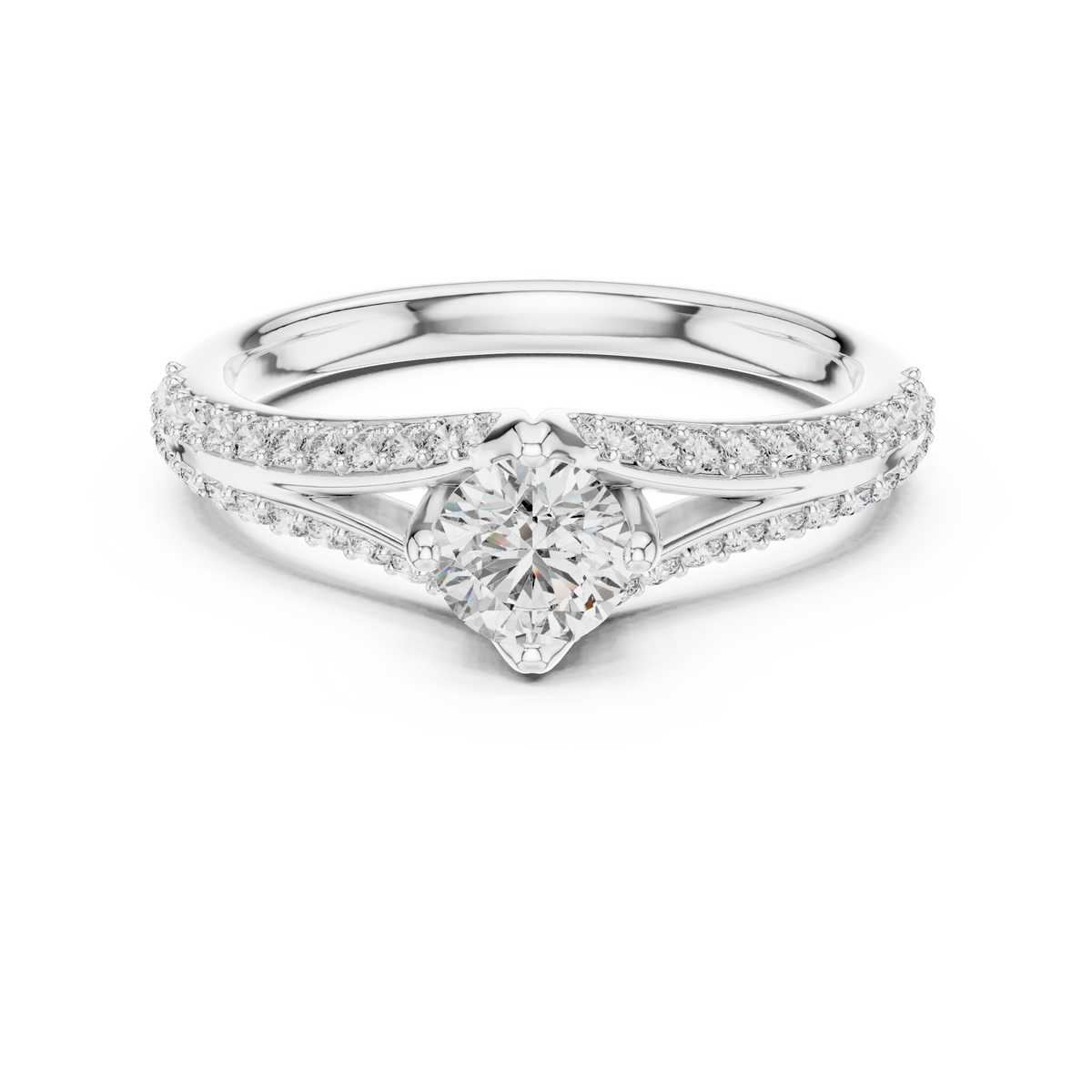 Round Compass Set Moissanite Bypass Ring with Pavé Split Shank in white 925 sterling silver, view 4