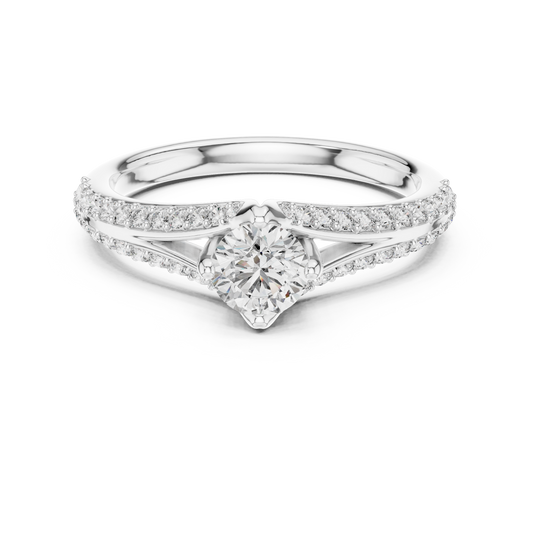Round Compass Set Moissanite Bypass Ring with Pavé Split Shank in white 925 sterling silver, view 4