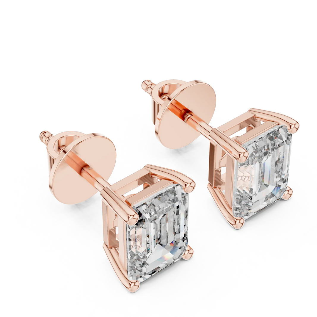 Emerald moissanite stud earrings in rose 925 sterling silver, four-prong basket, view 2
