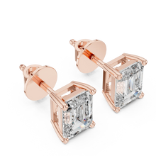 Emerald moissanite stud earrings in rose 925 sterling silver, four-prong basket, view 2