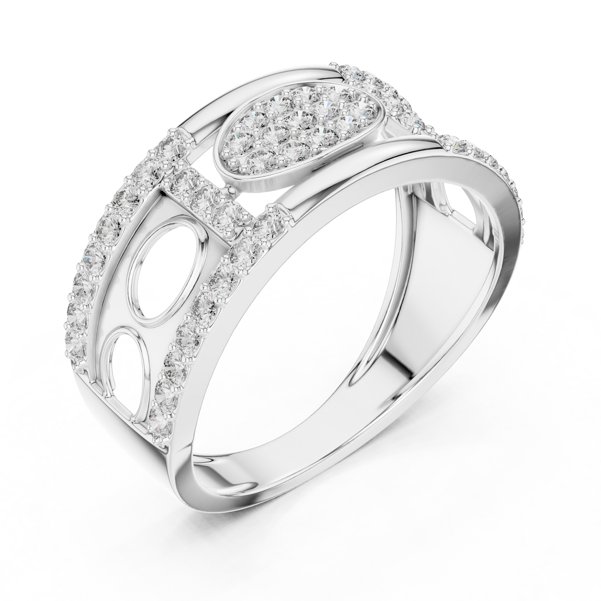 Oval Pavé Cluster Openwork Moissanite Statement Band in white 925 sterling silver, view 2