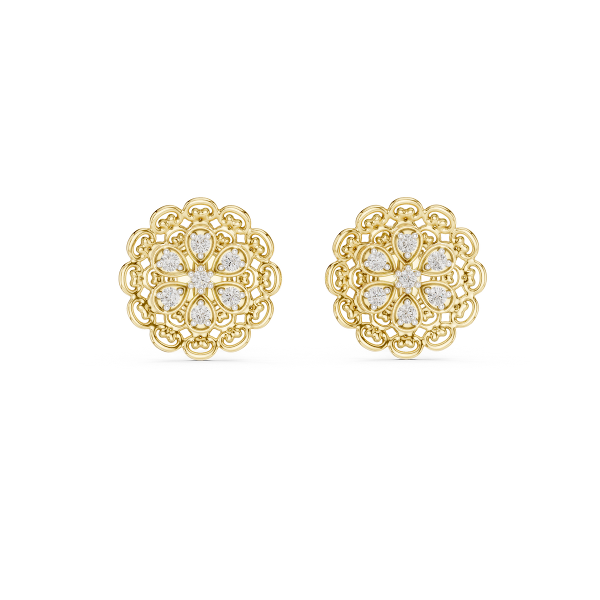 Moissanite Lace Medallion Stud Earrings in yellow 925 sterling silver, view 4
