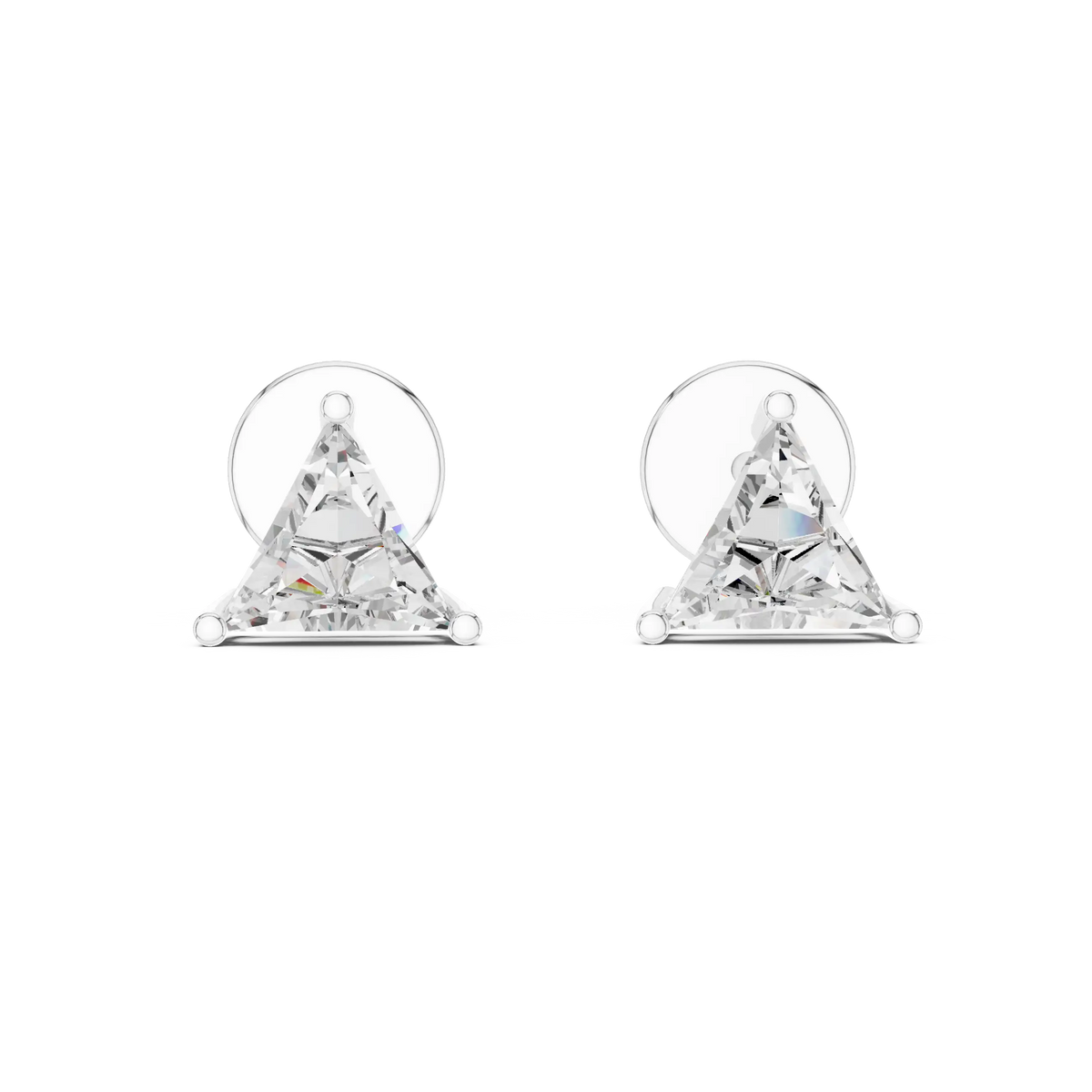 Trillion moissanite stud earrings in white 925 sterling silver, three-prong basket, view 4