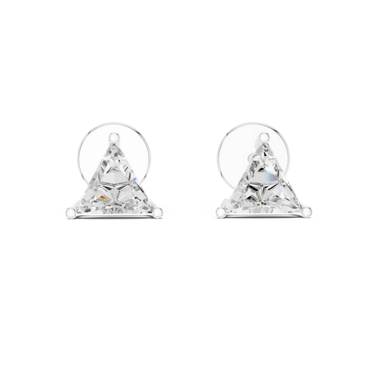 Trillion moissanite stud earrings in white 925 sterling silver, three-prong basket, view 4