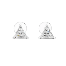 Trillion moissanite stud earrings in white 925 sterling silver, three-prong basket, view 4