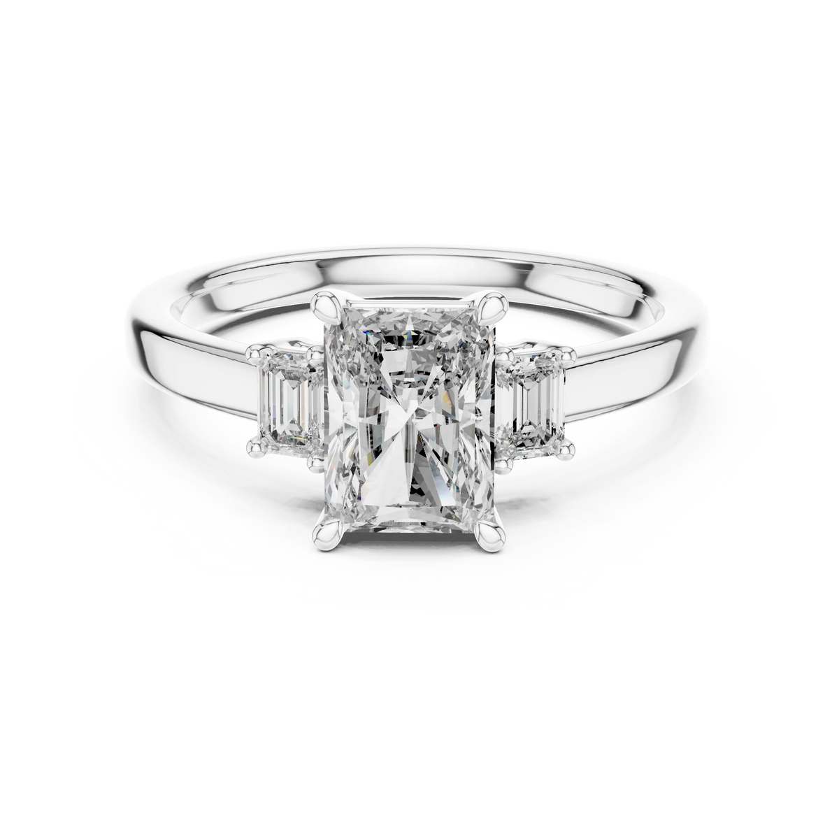 Radiant Cut Moissanite Ring with Baguette Side Stones in white 925 sterling silver, view 4