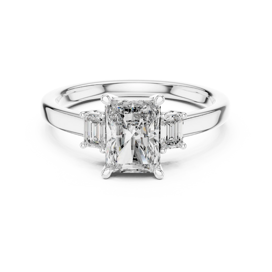 Radiant Cut Moissanite Ring with Baguette Side Stones in white 925 sterling silver, view 4