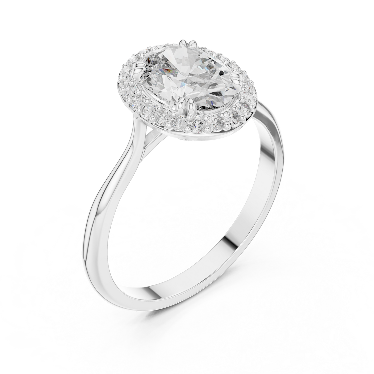 Oval Single Halo Moissanite Ring with Tapered Band in white 925 sterling silver, view 2