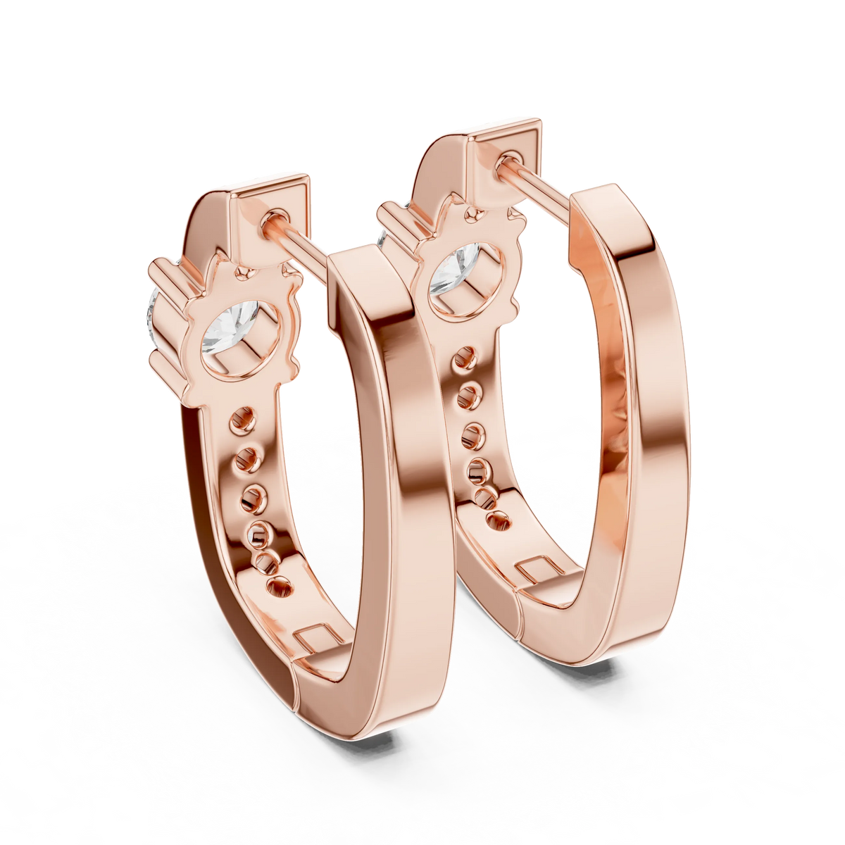 Moissanite solitaire pave huggie earrings in rose 925 sterling silver, view 3