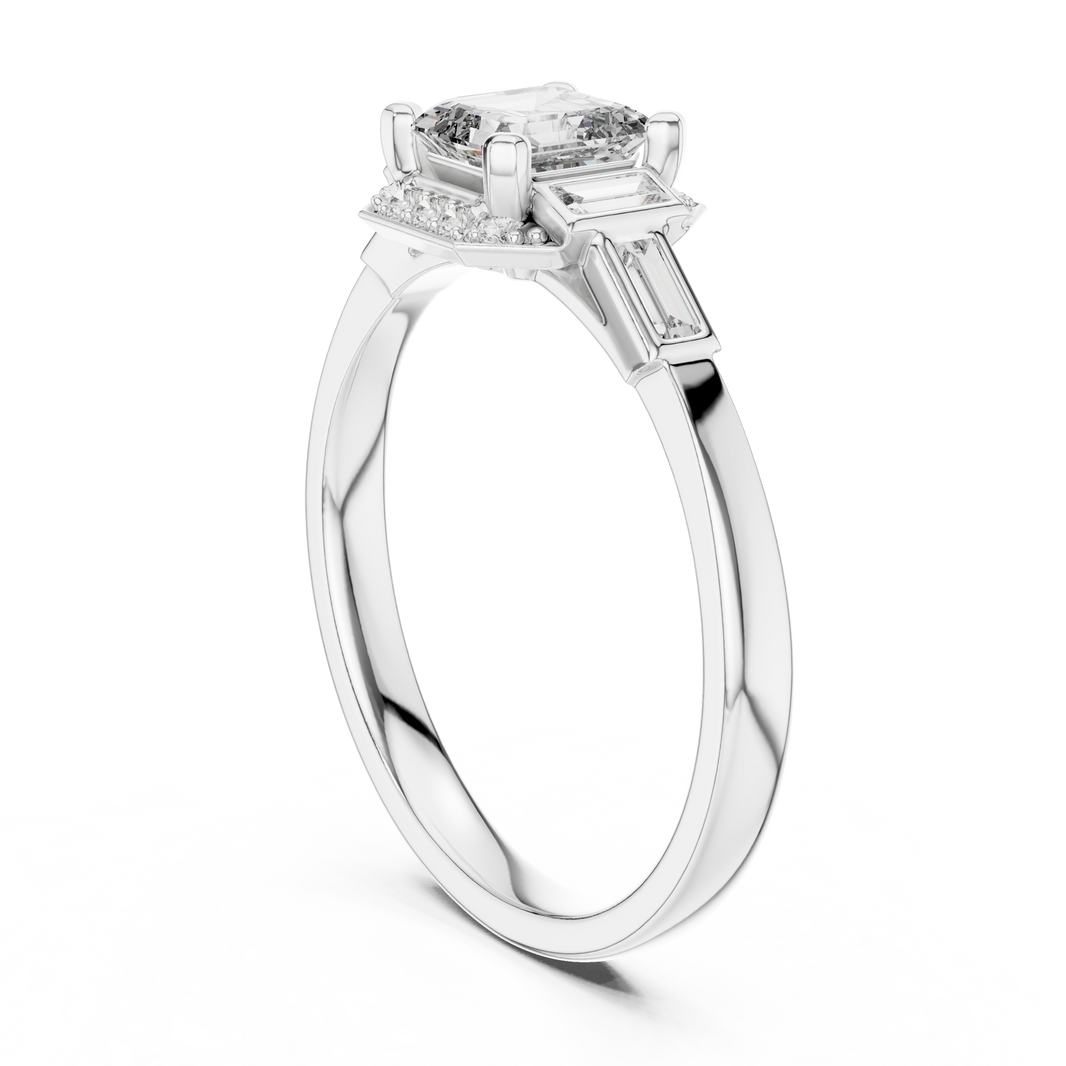 Asscher Cut Octagon Halo Moissanite Ring with Baguette Shoulders in white 925 sterling silver, view 1
