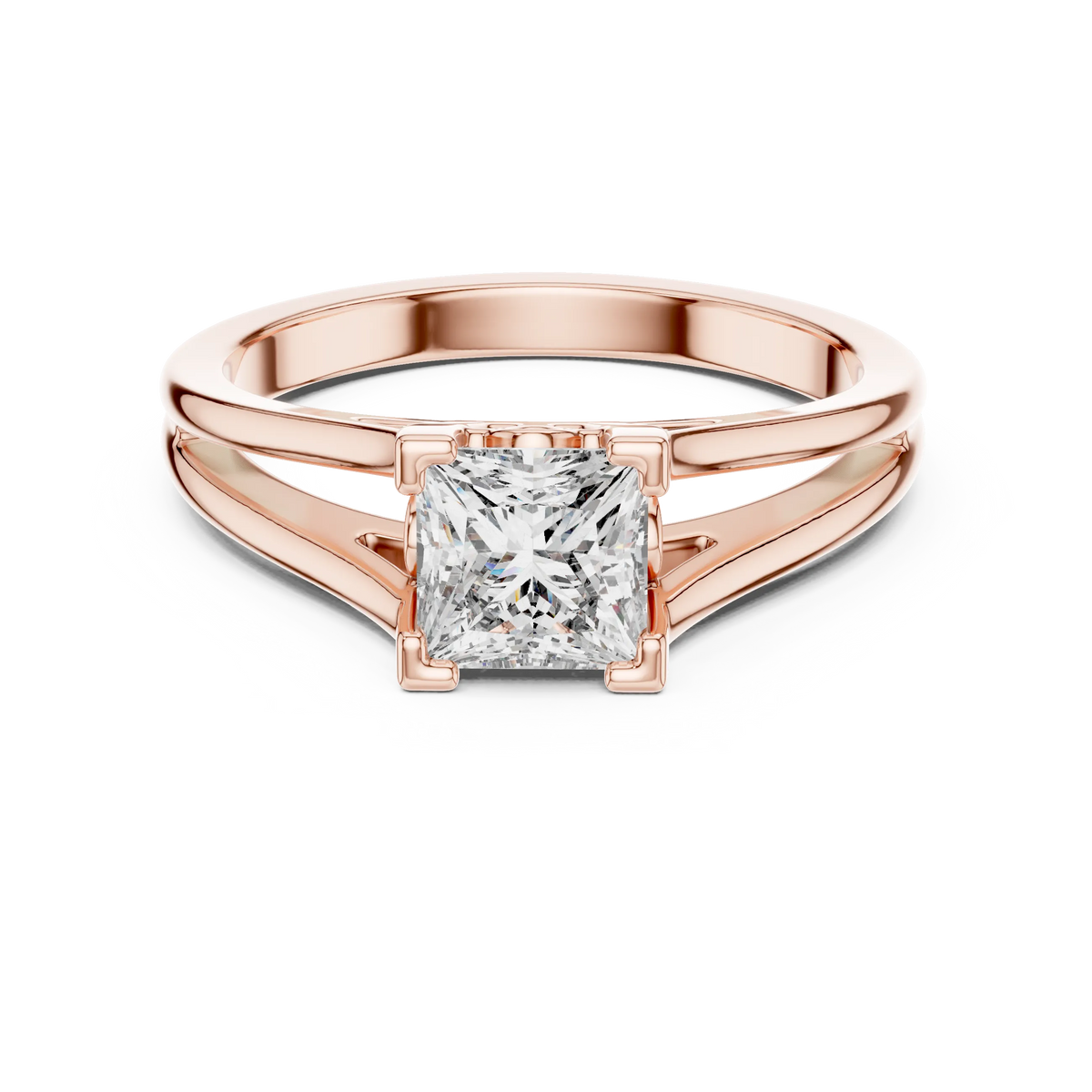Princess Cut Solitaire Moissanite Split Shank Ring in rose 925 sterling silver, view 4