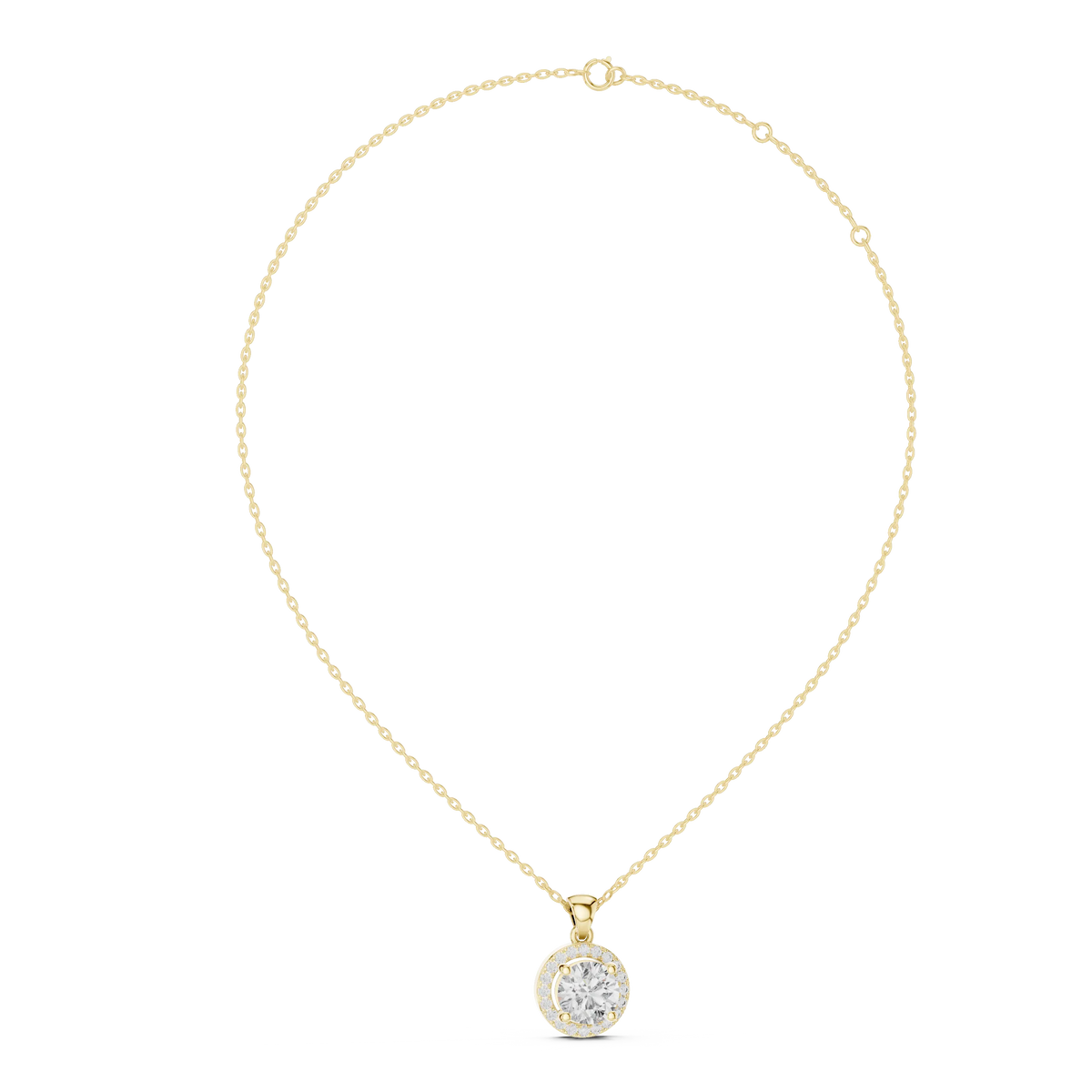 Round Halo Moissanite Pendant in yellow 925 sterling silver, view 1