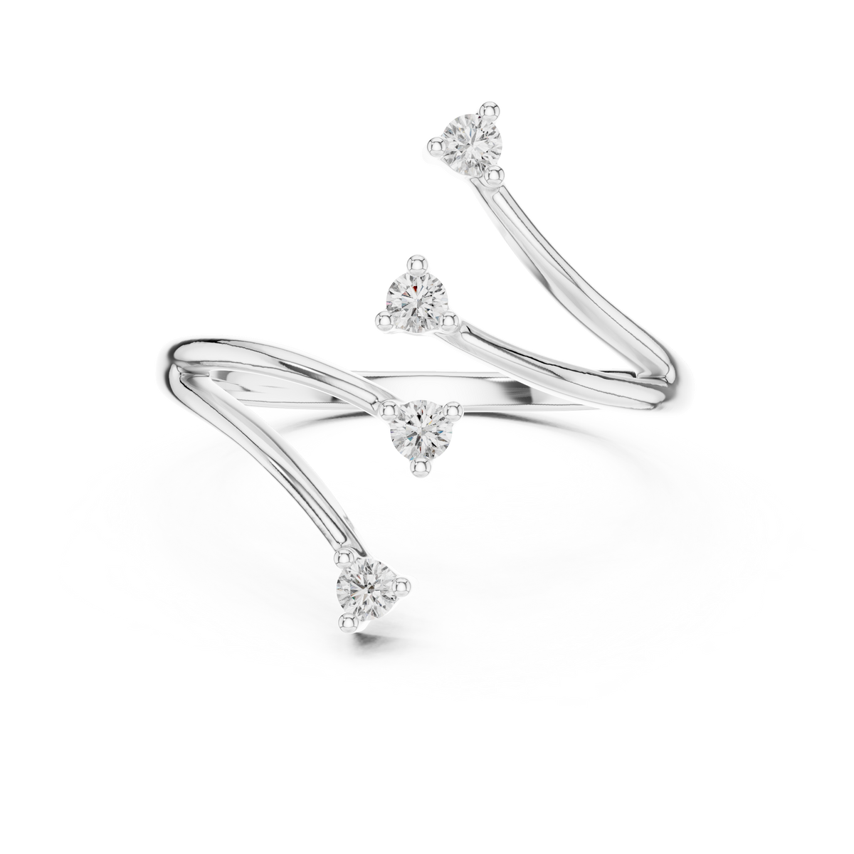 Wavy Four Stone Moissanite Open Ring in white 925 sterling silver, view 4