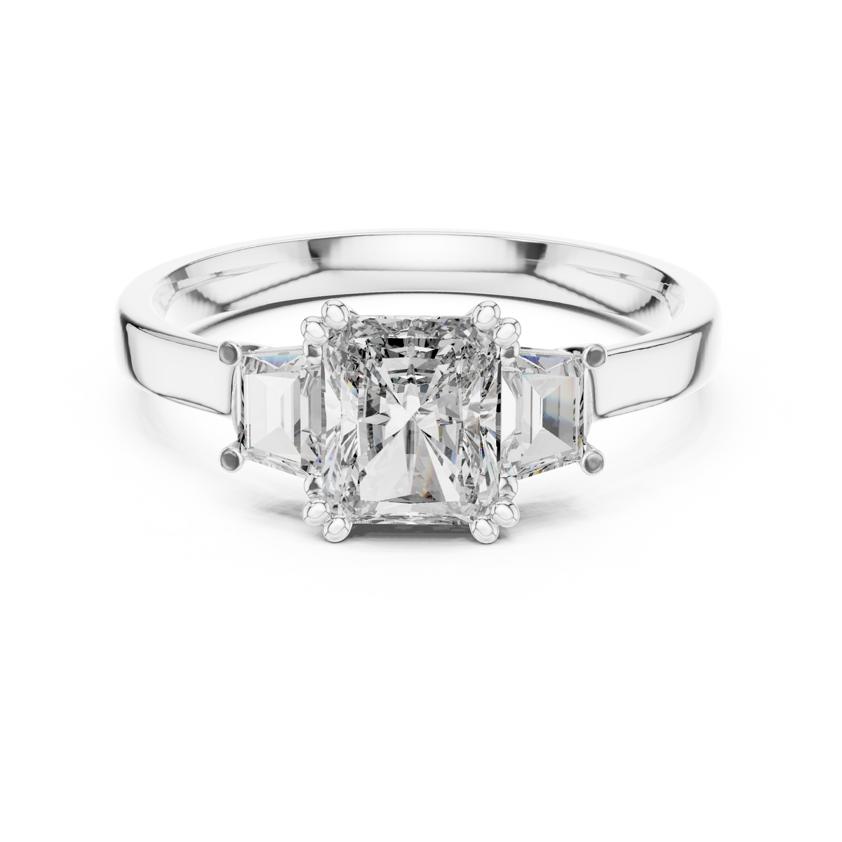 Radiant Cut Moissanite Ring with Trapezoid Side Stones in white 925 sterling silver, view 4
