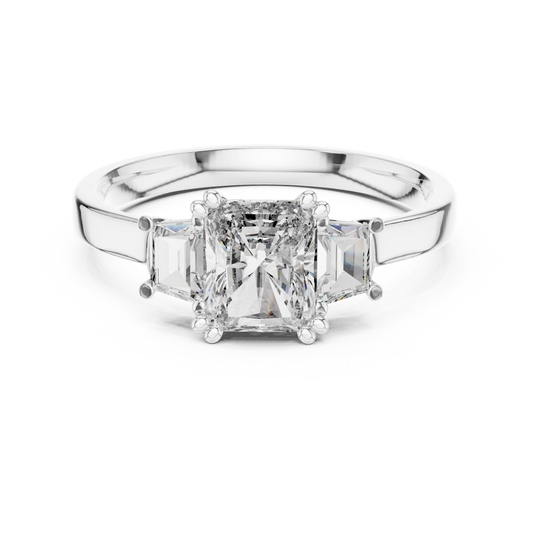 Radiant Cut Moissanite Ring with Trapezoid Side Stones in white 925 sterling silver, view 4