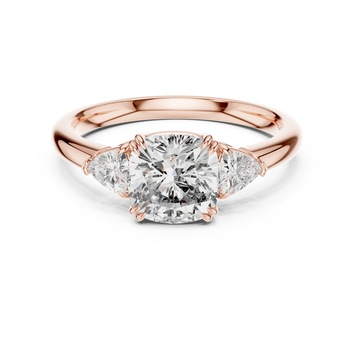 Cushion and Trillion Three Stone Moissanite Ring in rose 925 sterling silver, view 4