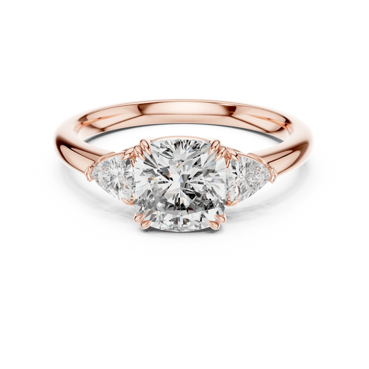 Cushion and Trillion Three Stone Moissanite Ring in rose 925 sterling silver, view 4