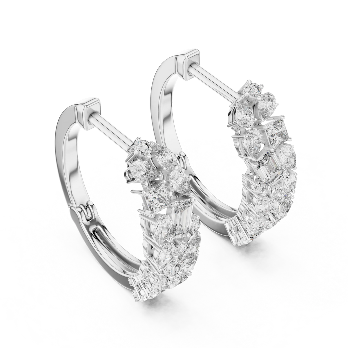 Mixed shape moissanite cluster hoop earrings in white 925 sterling silver, view 2