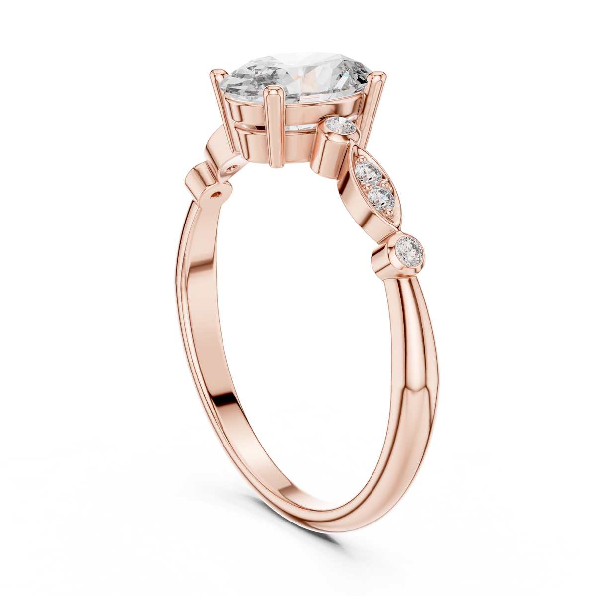 Oval Moissanite Ring with Bezel and Marquise Station Accents in rose 925 sterling silver, view 1