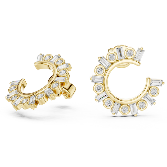 Baguette and round moissanite front hoop earrings in yellow 925 sterling silver, view 1