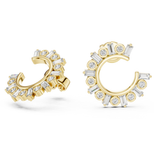 Baguette and round moissanite front hoop earrings in yellow 925 sterling silver, view 1