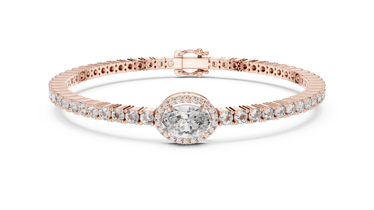 Oval Halo Centre Moissanite Tennis Bracelet in rose 925 sterling silver, view 1