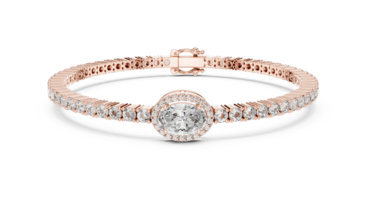 Oval Halo Centre Moissanite Tennis Bracelet in rose 925 sterling silver, view 1