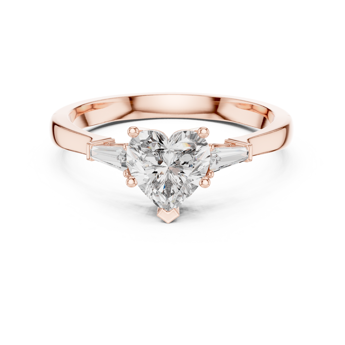 Heart Moissanite Ring with Tapered Baguette Sides in rose 925 sterling silver, view 4