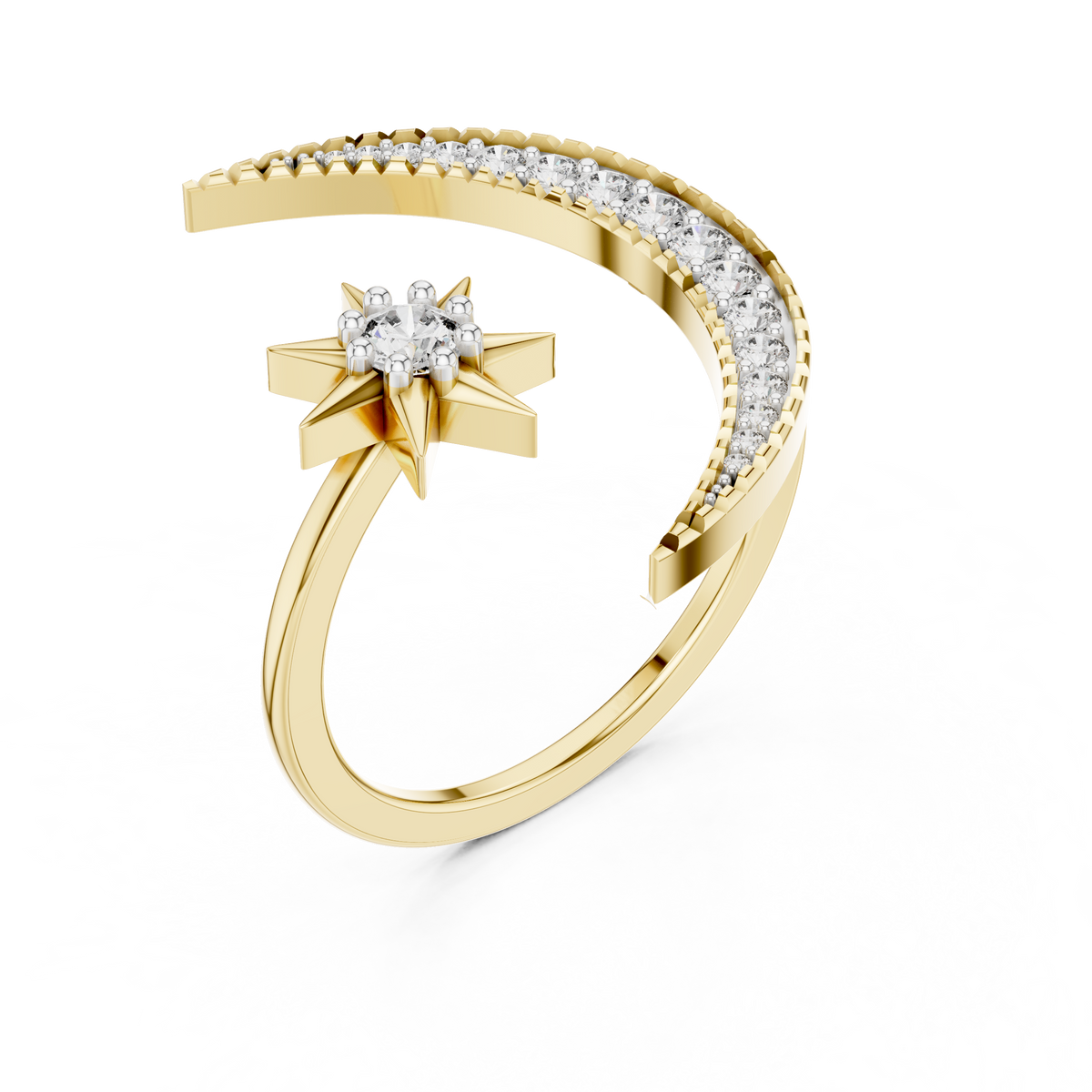 Crescent Moon and Star Moissanite Open Ring in yellow 925 sterling silver, view 2