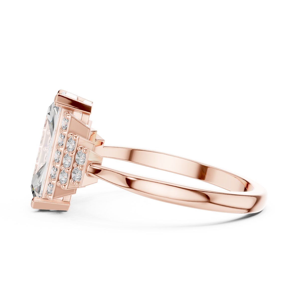 Elongated Emerald Cut Art Deco Moissanite Ring in rose 925 sterling silver, view 3