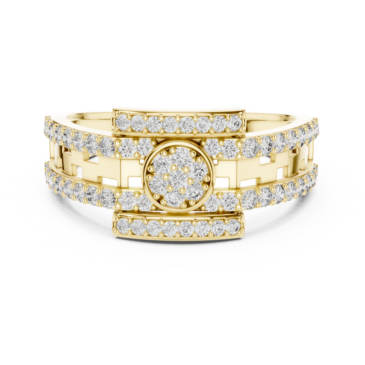 Round Cluster Multi-Row Moissanite Statement Band in yellow 925 sterling silver, view 4